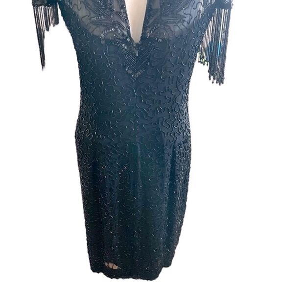 Vintage Nite Line Silk Beaded Fringe Cocktail Dress - Picture 9 of 13